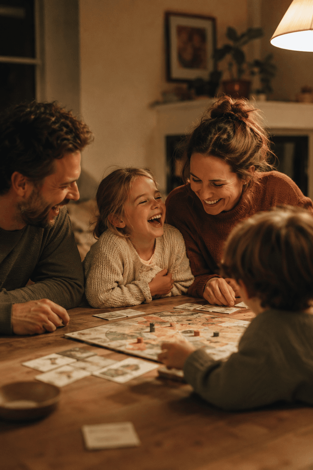 Familie spielt gemeinsam ein Brettspiel am Abend